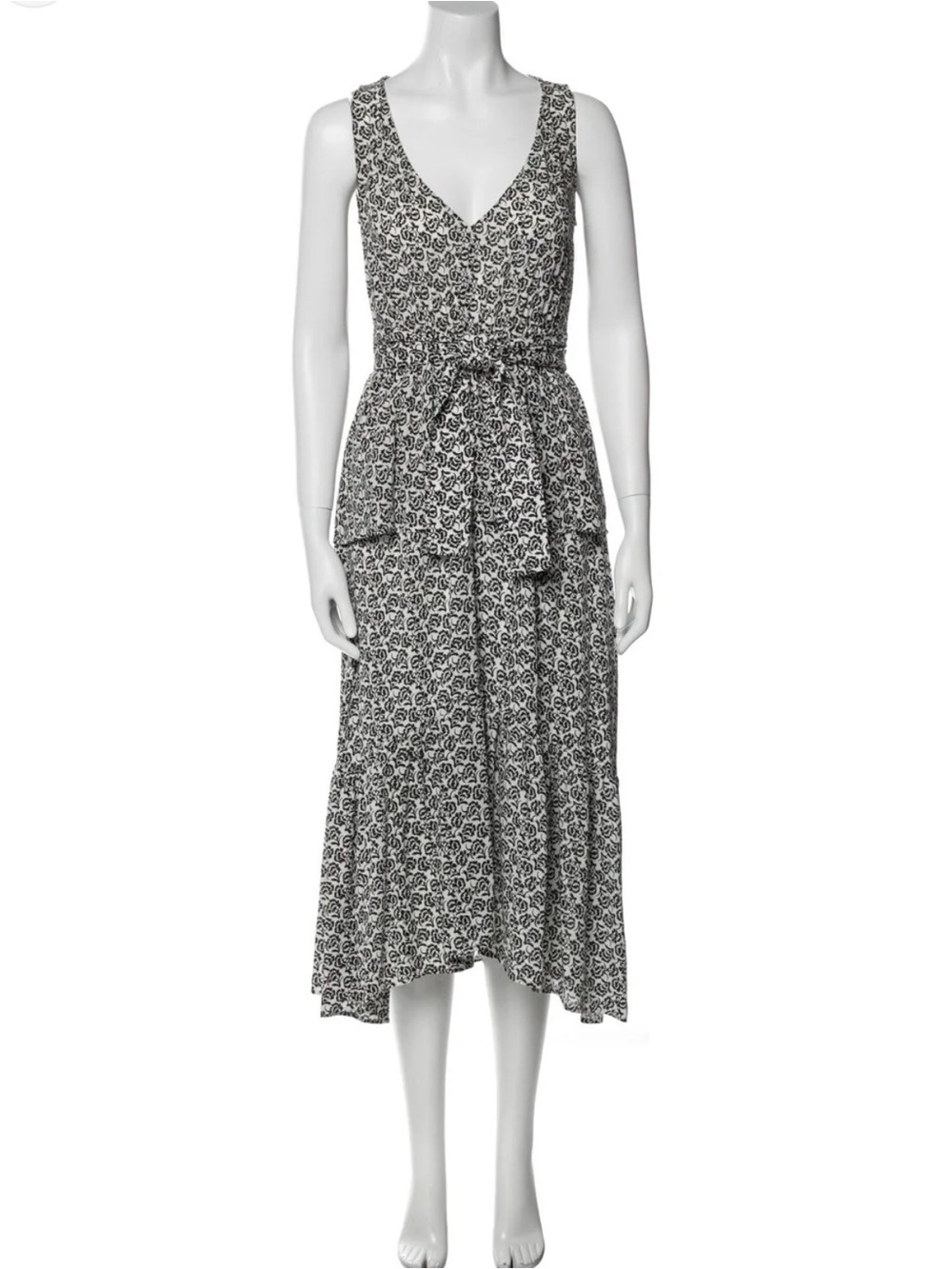 A.L.C. | Black and White Pattern V-Neck Tiered Midi Dress, 4